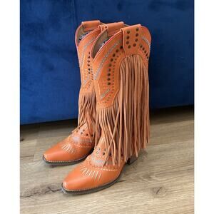 Dingo Orange Leather Western Cowboy Boots Fringe Studded Boho Women’s 6.5M -